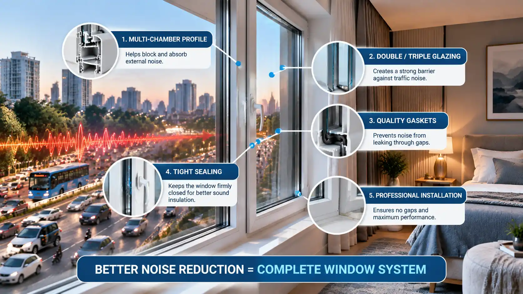 uPVC soundproof windows installed in a home near a busy road