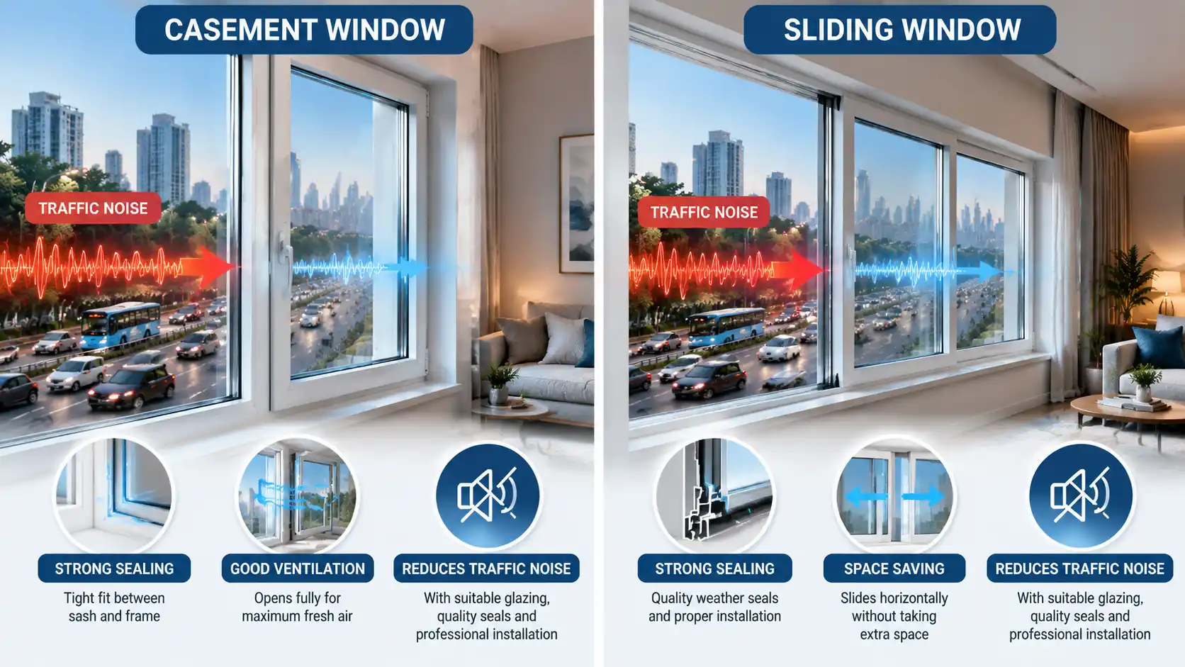 uPVC soundproof windows installed in a home near a busy road